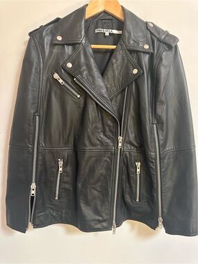 Pam & Gela Black Leather Asymmetrical Moto Jacket with Silver Hardware